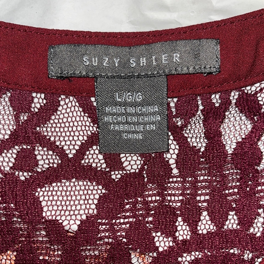 Suzy Shier • Maroon / Burgundy • Lace Shoulder Blouse